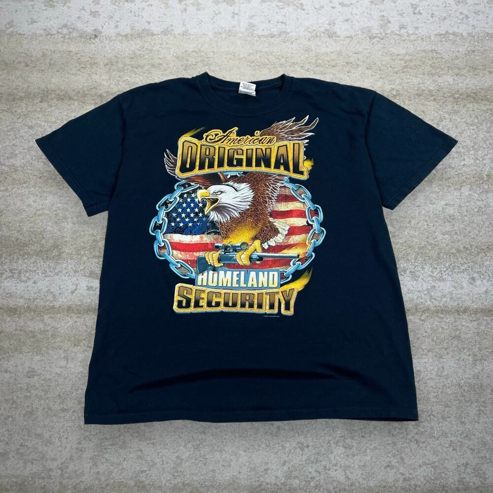 Vintage Y2K American Homeland Security Shirt Mens L Black Cotton Short Sleeve
